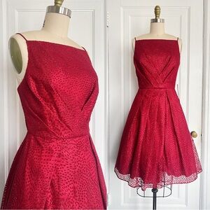 Monique Lhuillier • Square Neck Pleated Dress fit & flare red dotted tulle mesh